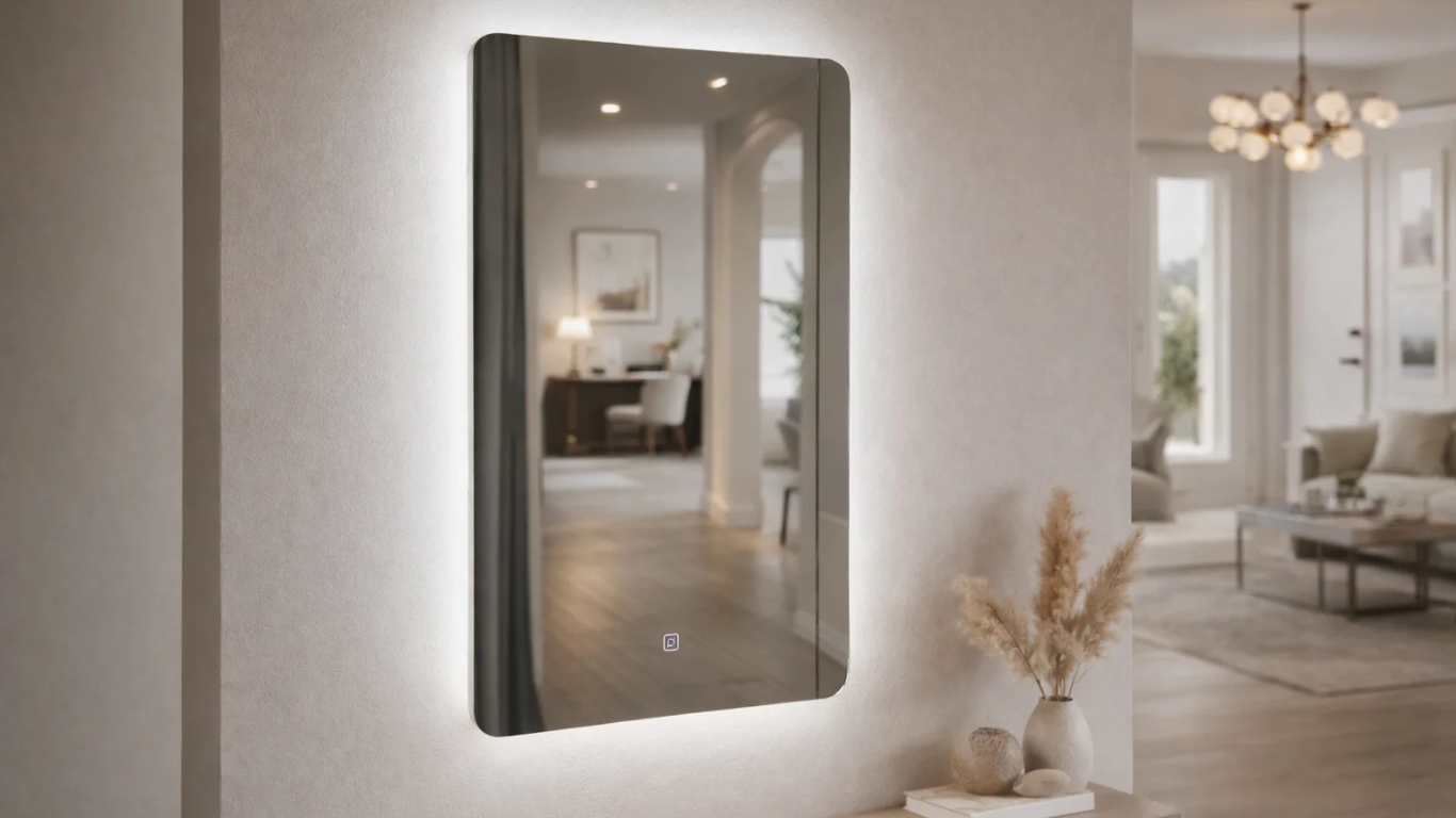 Espejo LED Rectangular vertical retroiluminado instalado en entrada de casa moderna con estilo elegante y luz cálida ambiental_png