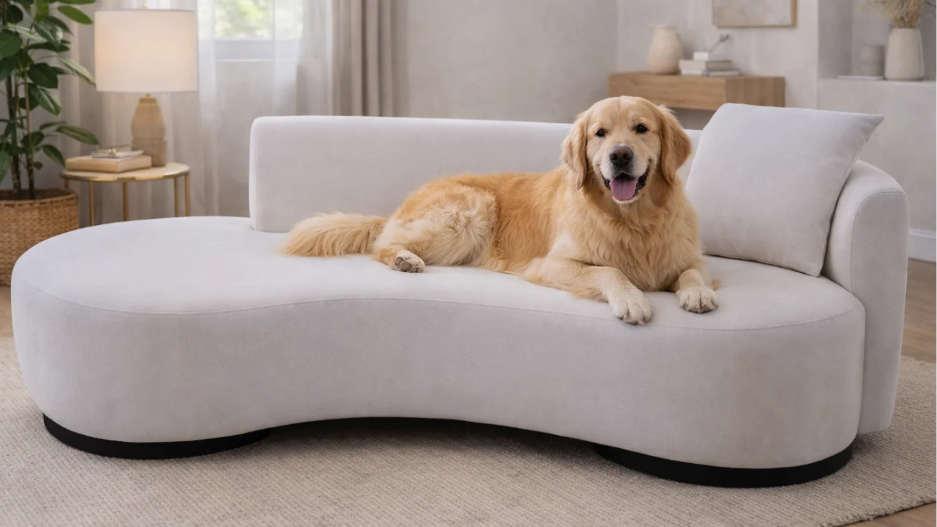 Sofá curvo color blanco ubicado en sala moderna con decoración neutra, con perro Golden Retriever recostado sobre el asiento_png