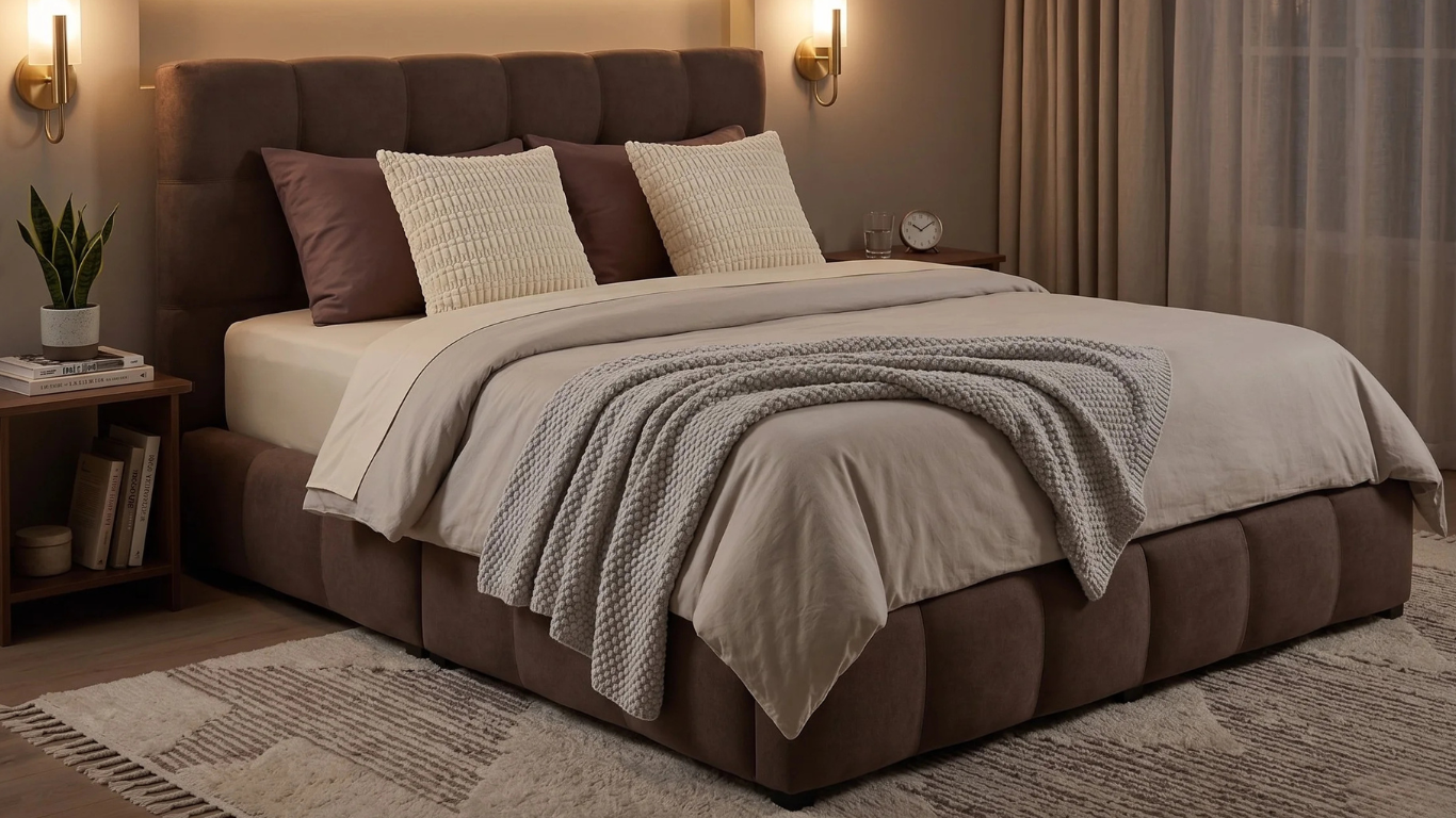 Dormitorio acogedor e iluminado con cama capitoné marrón completamente vestida, cojines texturizados y manta de punto gris.