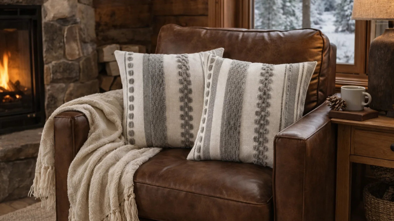 Cojines Mosaico Gris en poltrona de cuero en cabaña rústica con chimenea