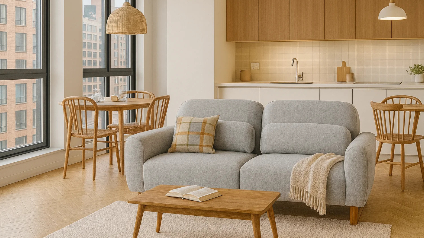 Sofá Laguna gris claro en un departamento pequeño con diseño abierto, donde se ve la cocina, el comedor y el living, junto a ventanales amplios con vista a edificios_png
