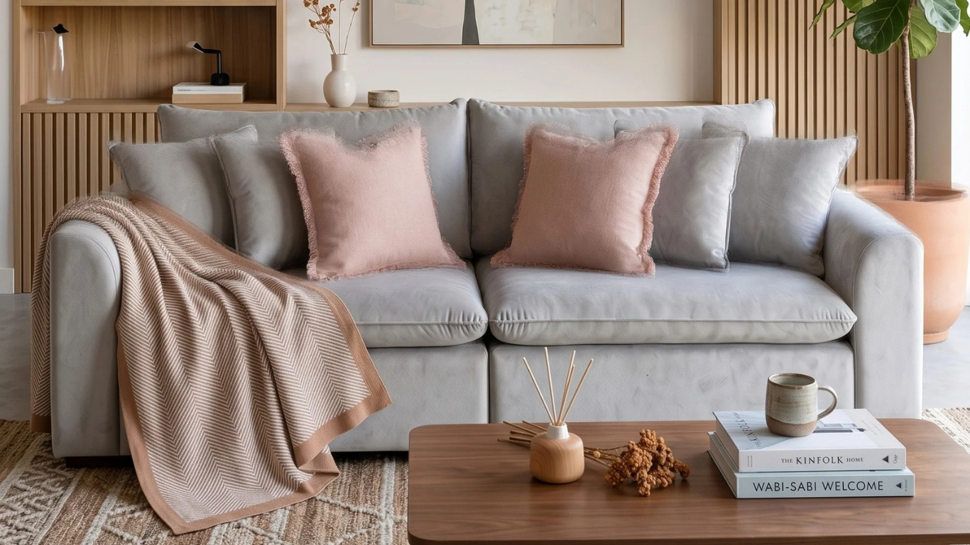 Sofá gris con cojines rosas y manta a rayas en una sala de estar cálida y decorada con madera y plantas.