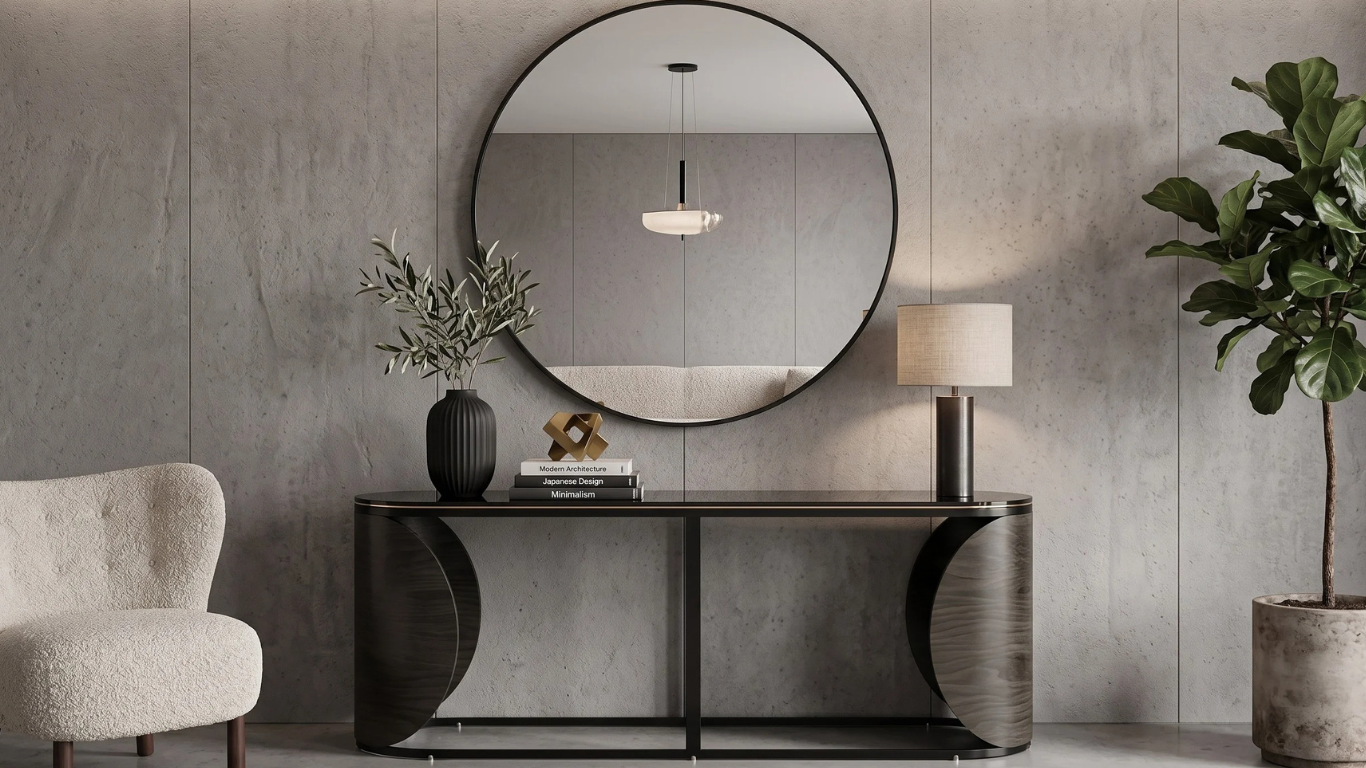 Living con espejo y arrimo Espejo redondo de marco negro colgado sobre una mesa de arrimo negra con detalles de madera curva en un espacio elegante.