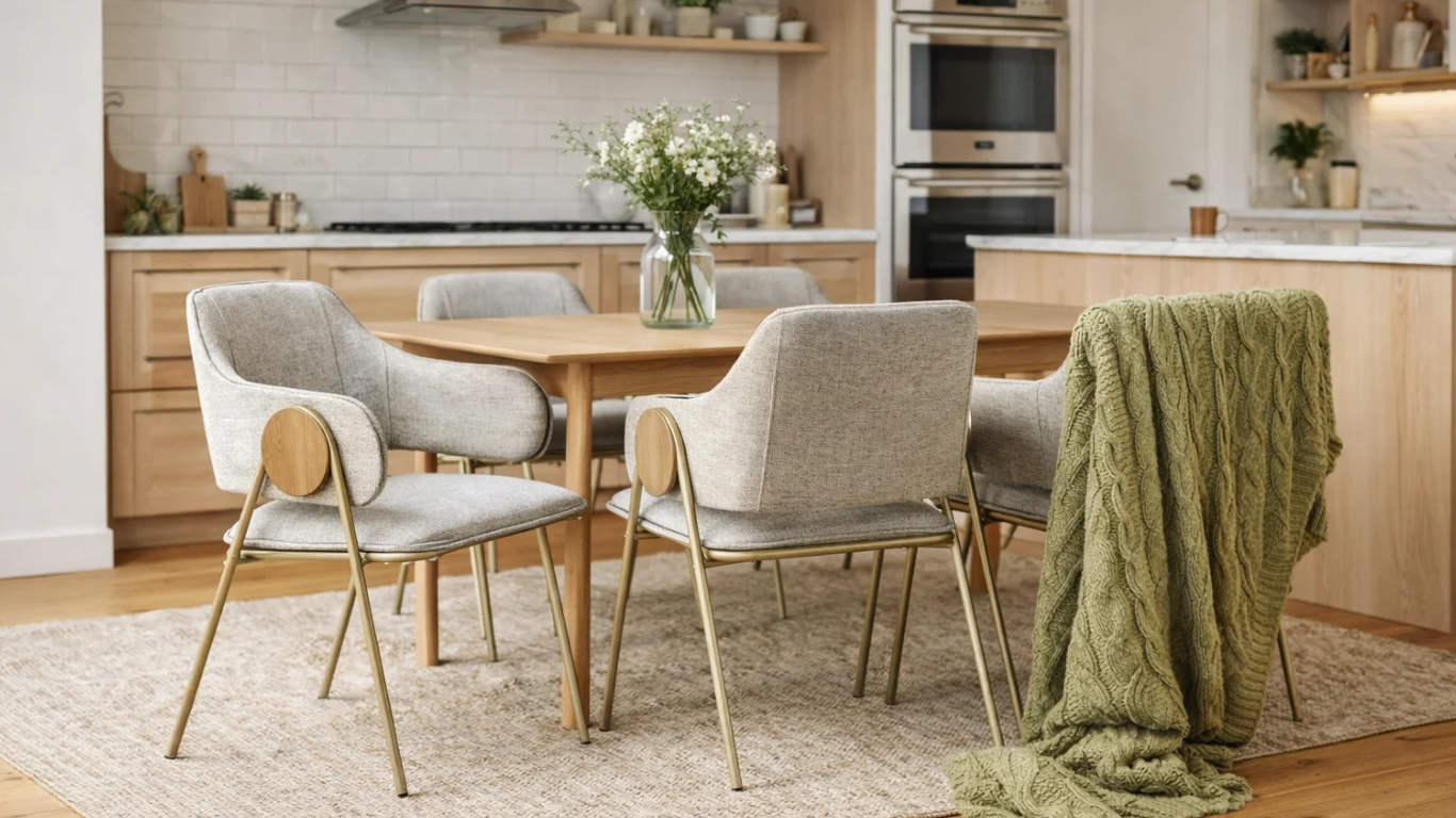 Sillas Hellen tapizadas con estructura metálica en comedor cocina moderno con Manta Decorativa verde sobre respaldo_png