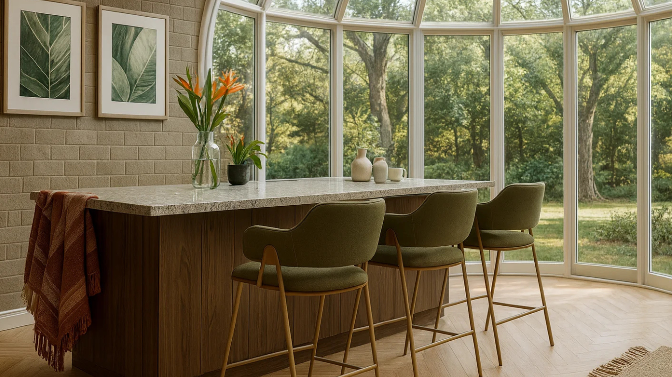 Tres pisos bar tapizados en verde oliva en una cocina moderna dentro de un domo acristalado, con un desayunador de madera y vistas al bosque