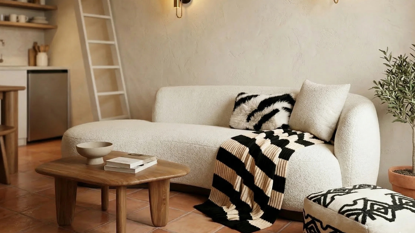 Sofá moderno color claro con manta decorativa y cojines, mesa de centro de madera y puff en sala de estar pequeña