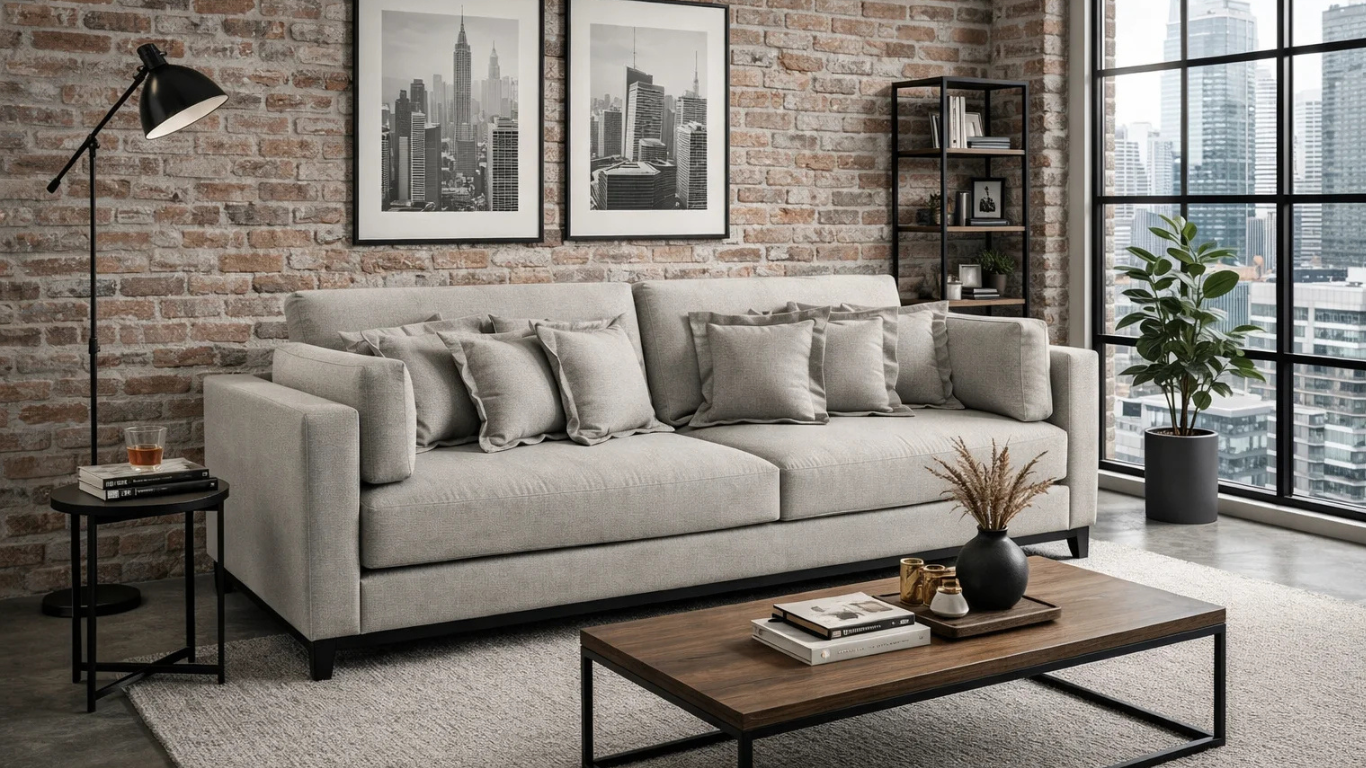 Sofá Liberty en ambiente industrial moderno con pared de ladrillo