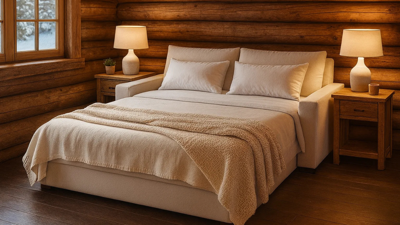 Sofá Málaga extendido como cama dentro de un dormitorio de cabaña rústica, con paredes de troncos, dos mesas de luz de madera y una manta beige sobre la cama, iluminado por lámparas cálidas_png