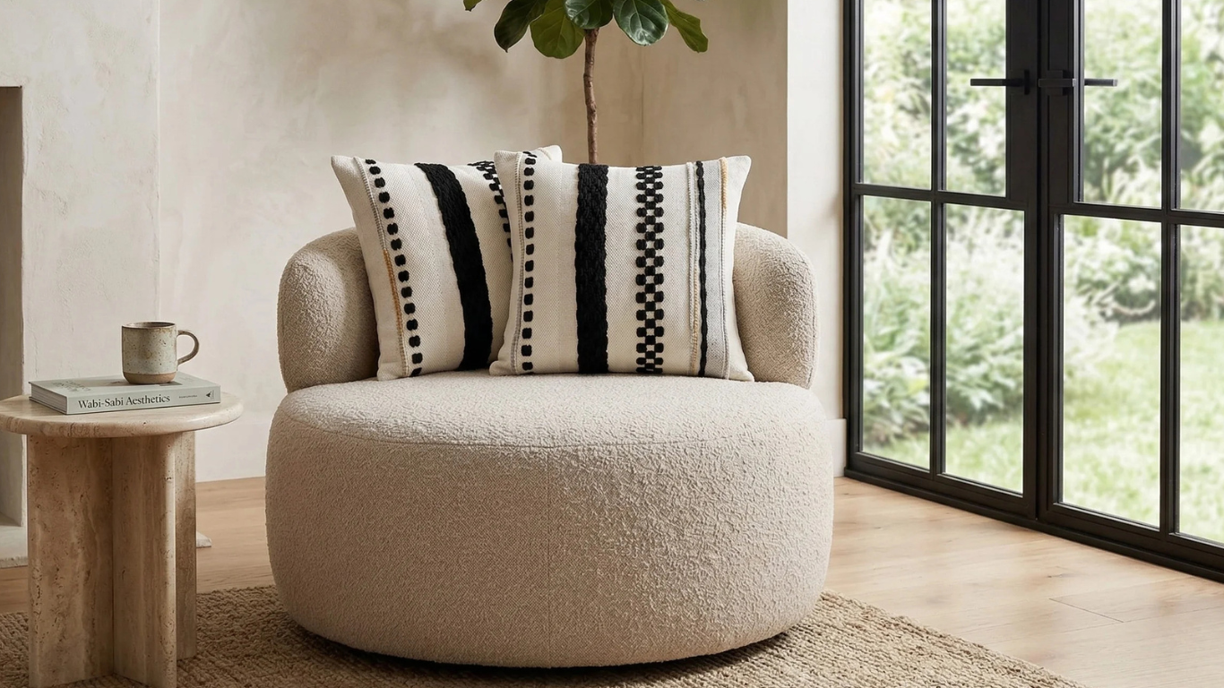 Cojines bordados sobre una poltrona de bouclé beige junto a un ventanal grande.