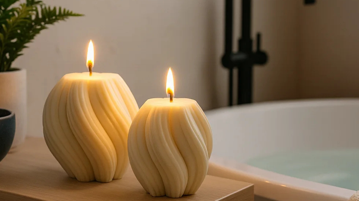 Velas decorativas onduladas encendidas en baño moderno con bañera