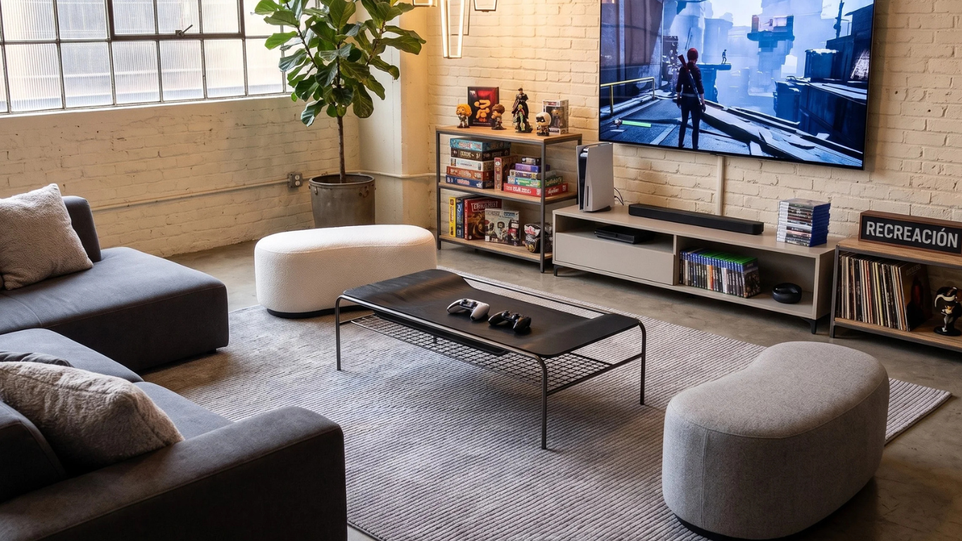 Sala recreativa Espacio de entretenimiento con alfombra gris clara, mesa de centro metálica negra, dos poufs curvos (uno blanco y uno gris) y televisor.