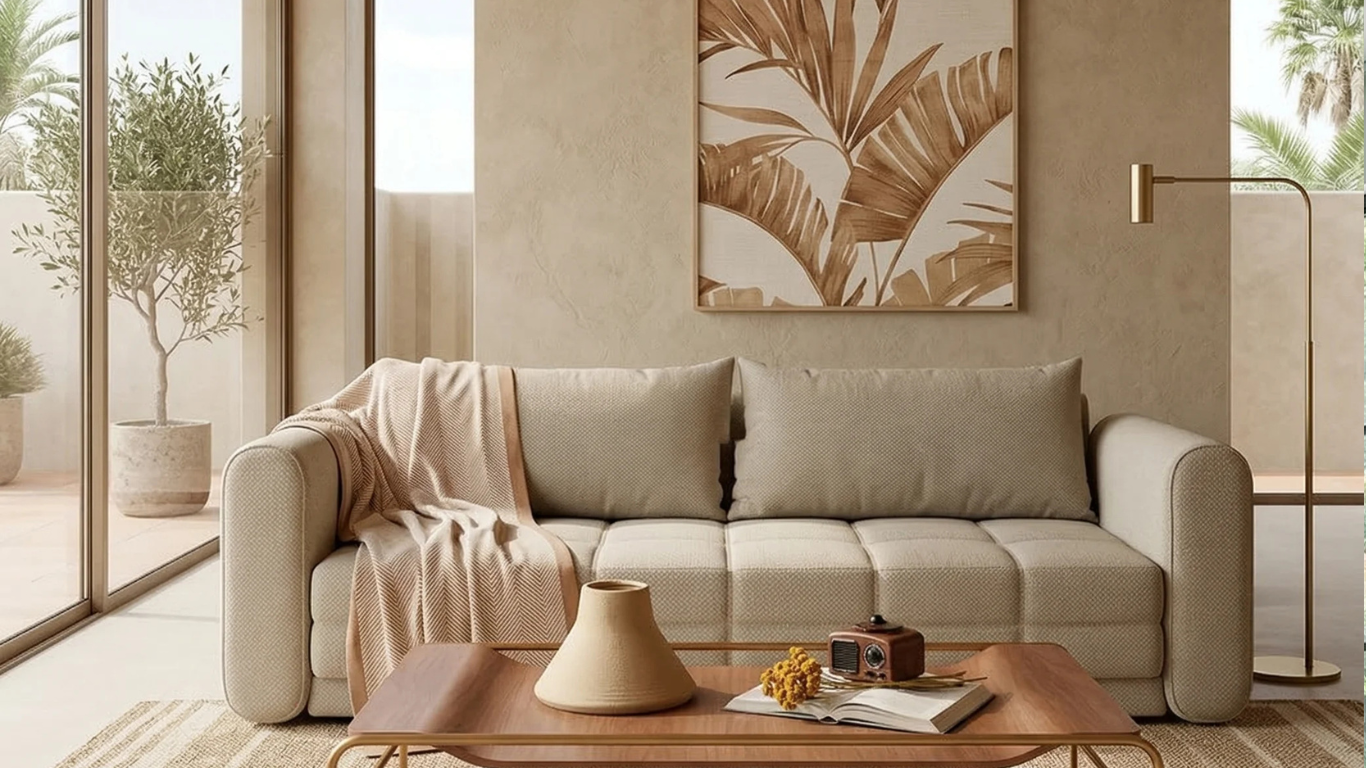 Sala de estar arenamarrón con arte de plátano, sofá capitoné y alfombra_png