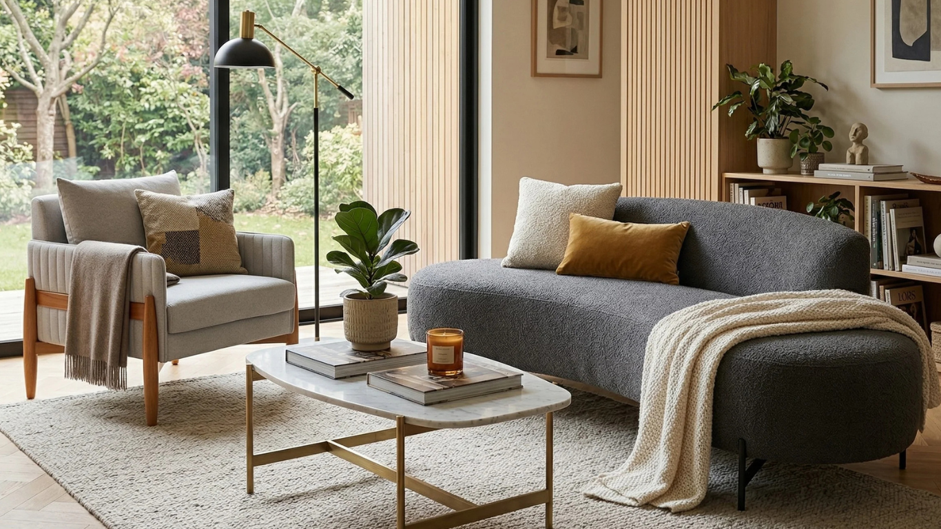 Salón de estilo mid-century moderno. En el centro, un sofá curvo tapizado en gris oscuro modelo Veneza con una manta tejida, acompañado por la poltrona Venecia en color gris claro y estructura de madera.