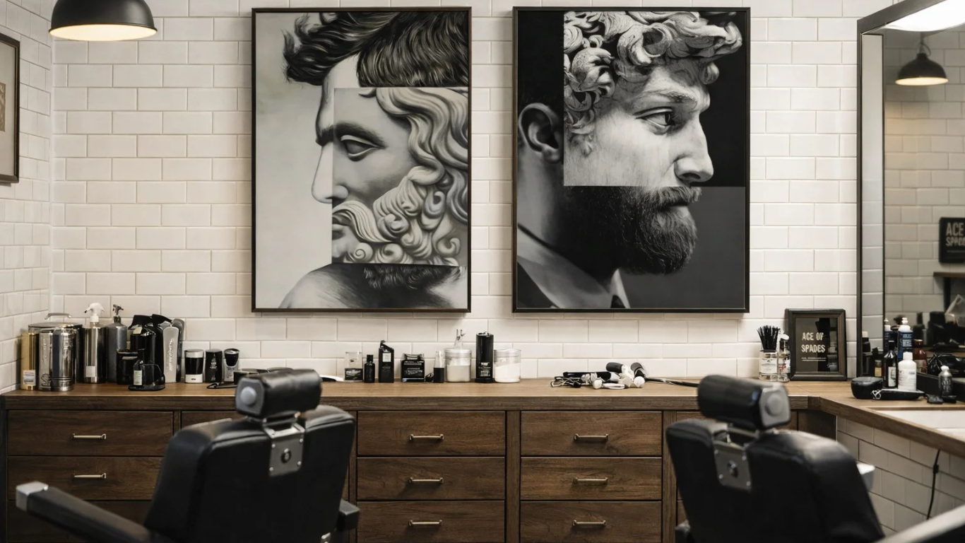 Cuadro decorativo Estoico Contemporáneo y Cuadro decorativo Romano Negro en barbería moderna con sillas vintage y muebles de madera oscura_png