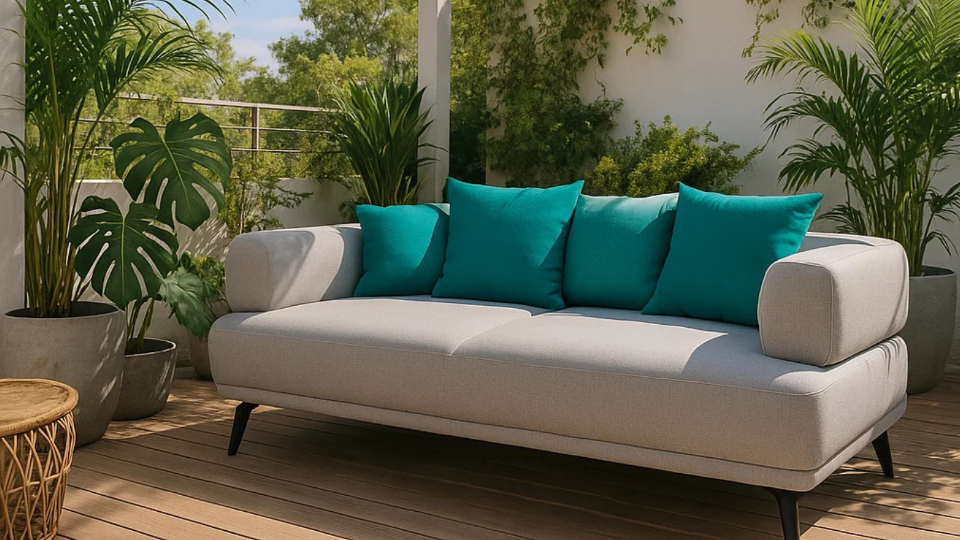 Sofá Marolo Terraza curvo con cojín beige en terraza boho bajo media sombra, rodeado de flores y enredaderas con luz cálida (2)