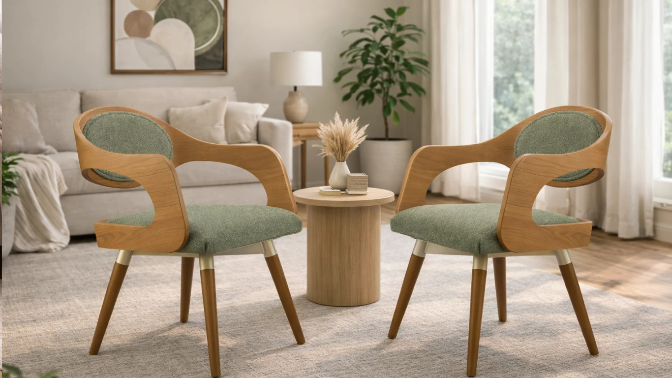 Dos poltronas Mariane enfrentadas en sala contemporánea con mesa redonda y decoración en tonos verdes y madera_png