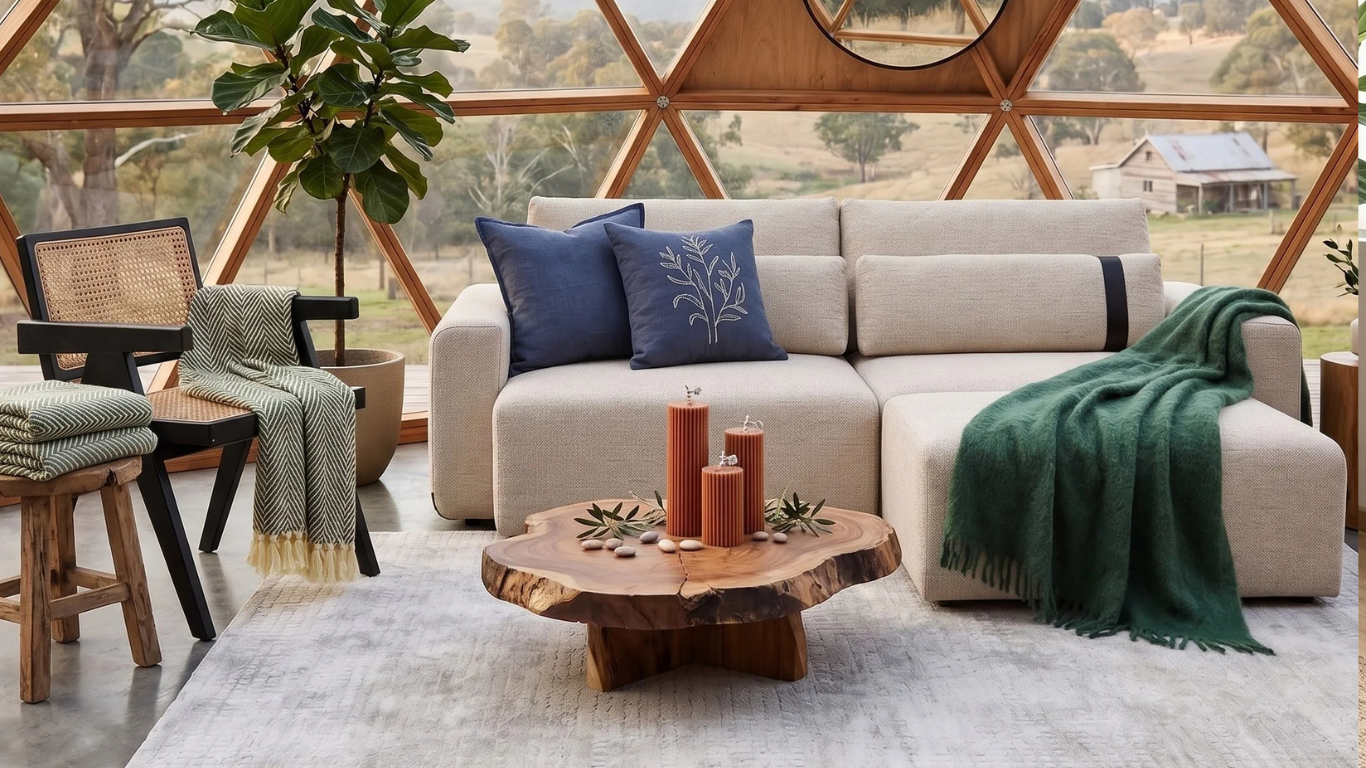 Sala en domo acristalado. Mismo interior del domo, pero estilizado con cojines azules sobre el sofá beige y una manta verde esmeralda.