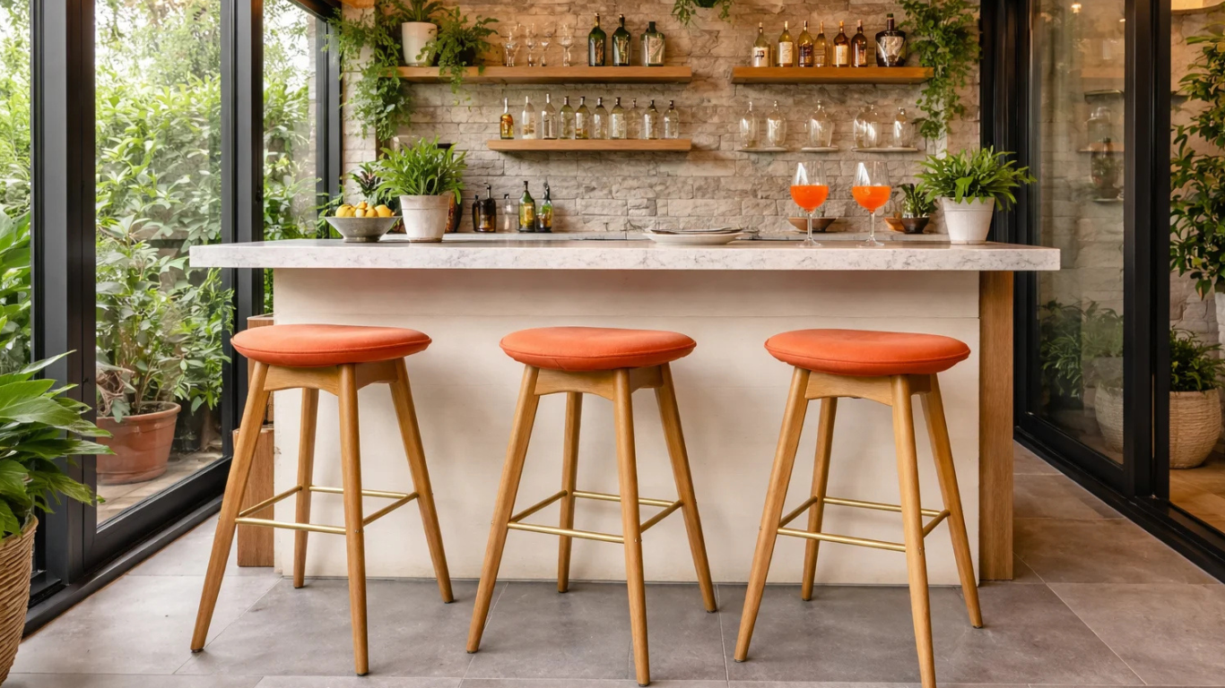 Tres pisos bar Luci terracota en barra de terraza cerrada con plantas y ventanales_png