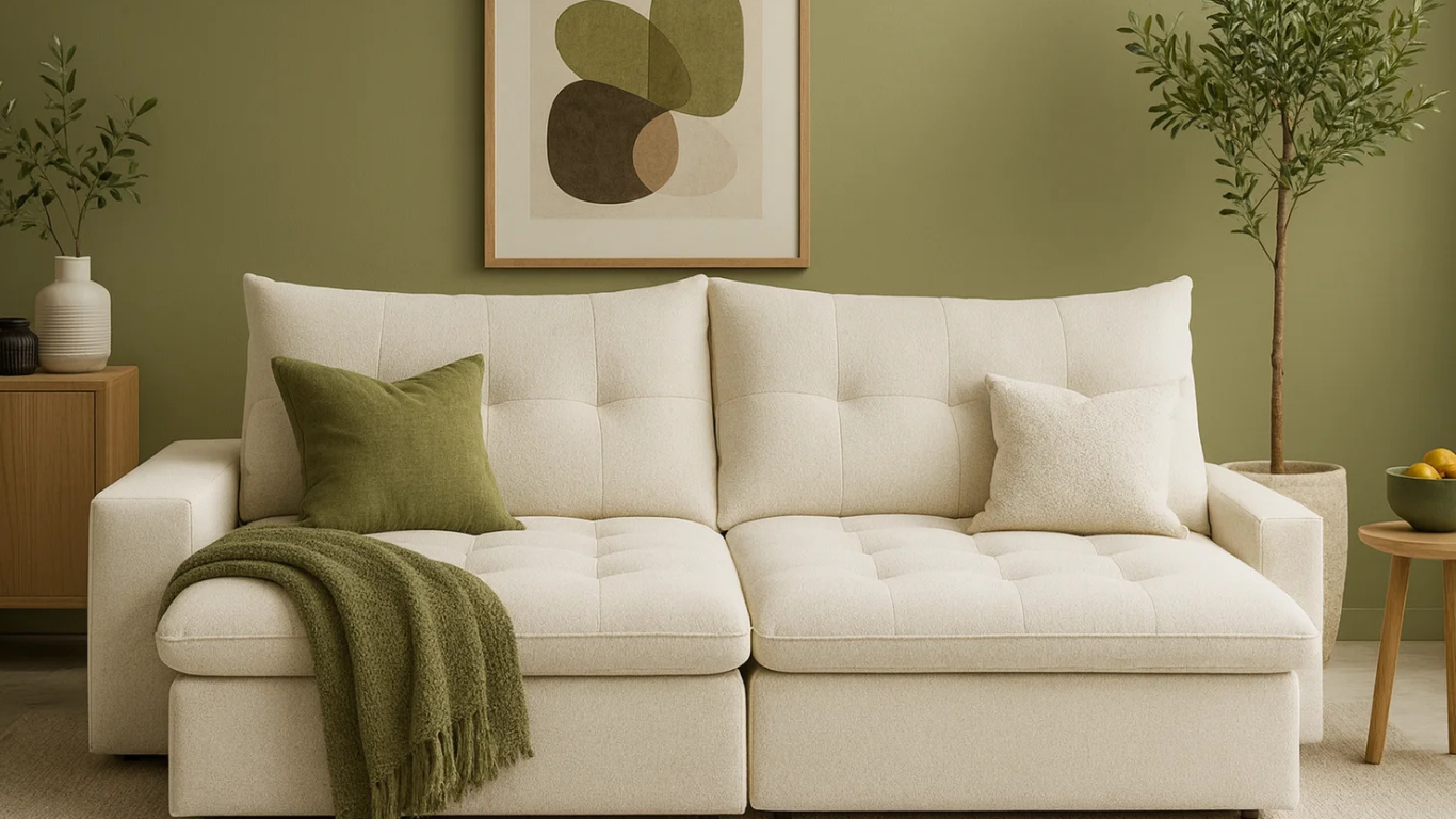 Sofá Antares en tono blanco destacado sobre una pared verde oliva, decorado con cojines y manta en verde, plantas altas y adornos naturales para una sala moderna y armoniosa_png