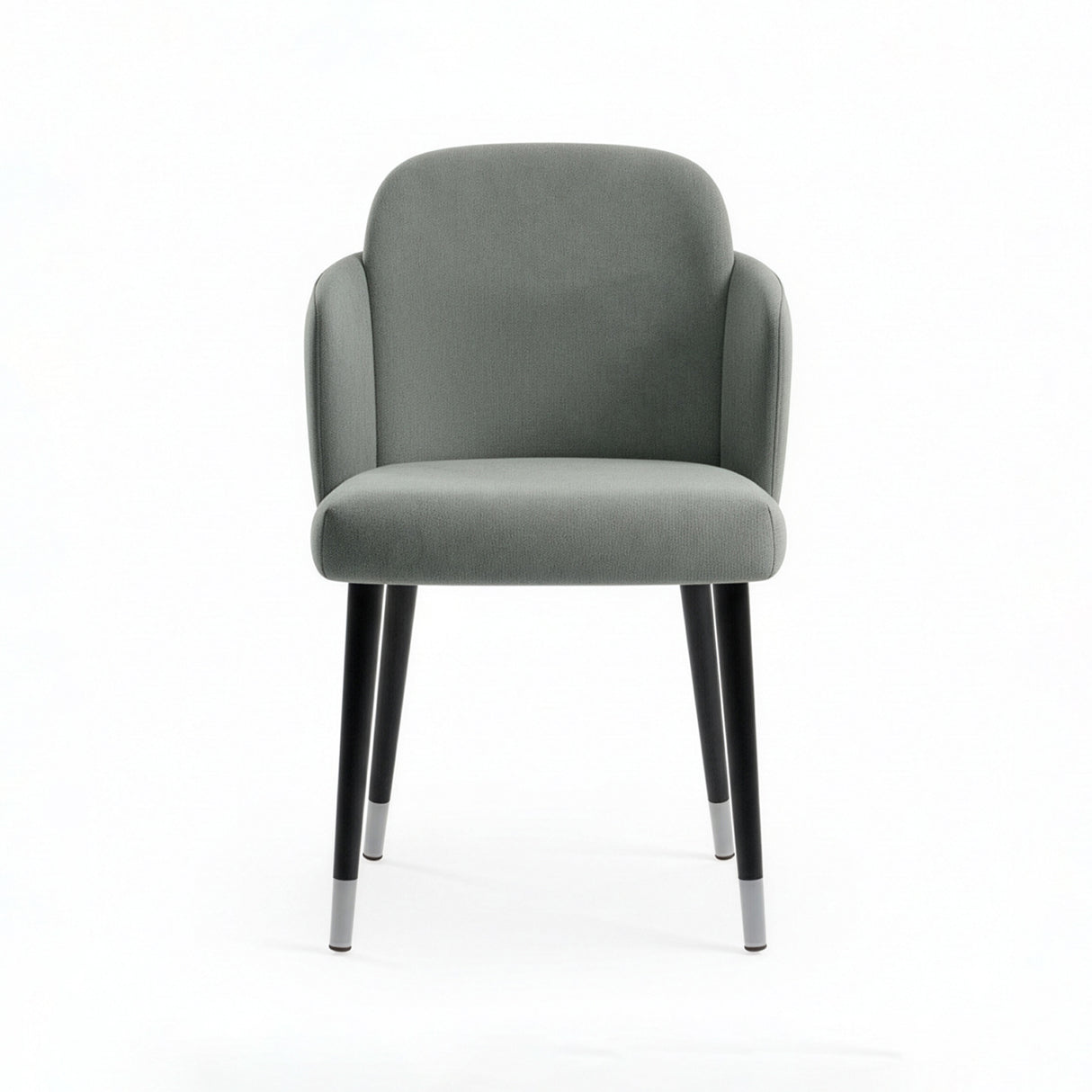 Silla con respaldo curvo, patas de madera con detalles en acero.