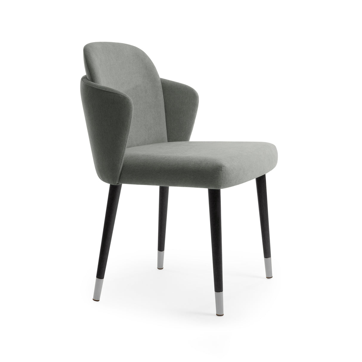 Silla con respaldo curvo, patas de madera con detalles en acero.