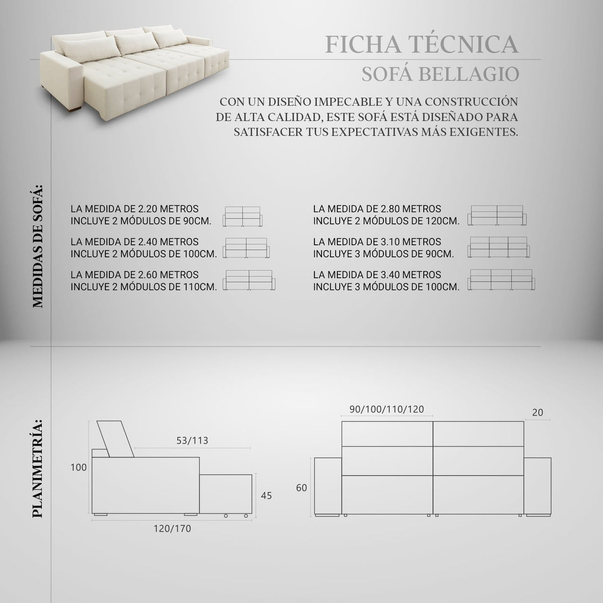 Sofá Bellagio Reclinable y Extensible Arena stock