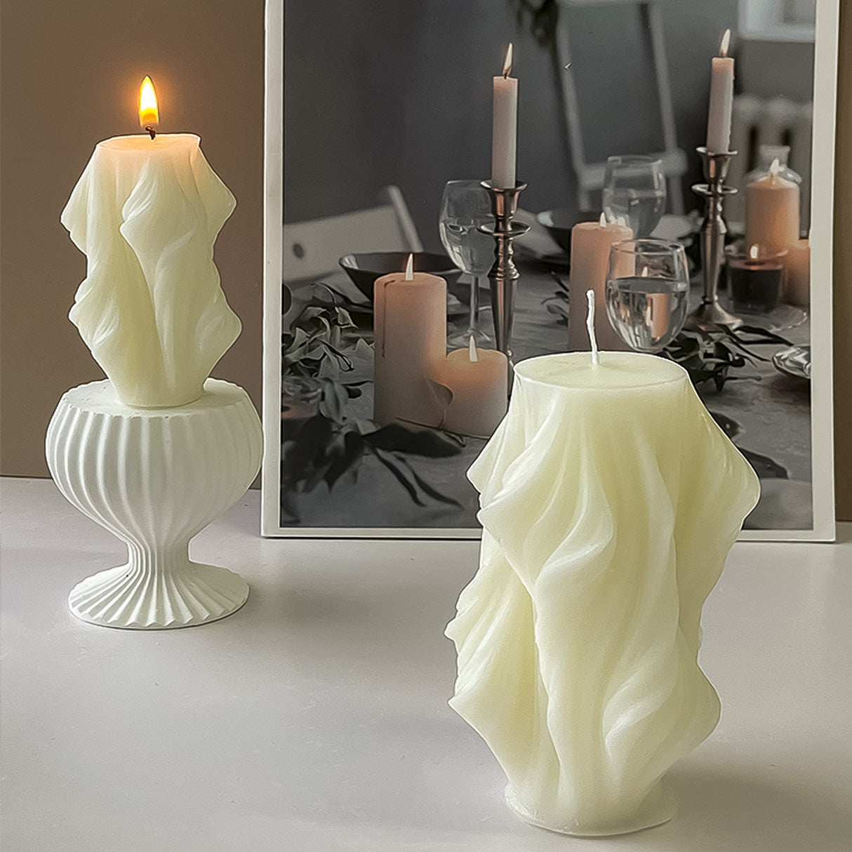 Vela de Cera Blanca Nórdica Ondas Geométricas