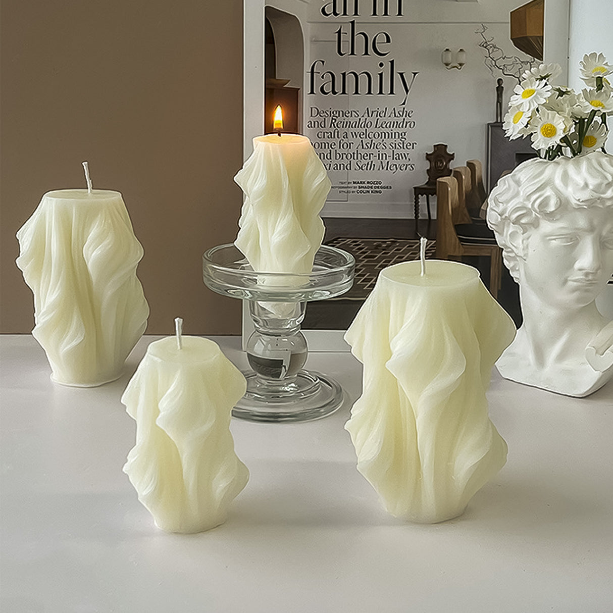 Vela de Cera Blanca Nórdica Ondas Geométricas