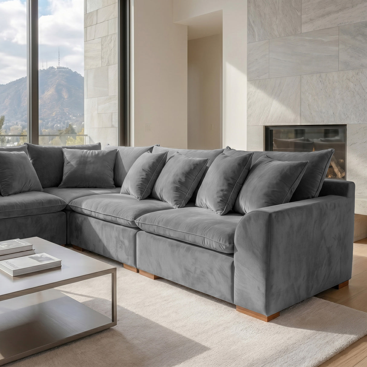 Sofá 4 Cuerpos Atualittá en "L" Tela Gris Oscuro - 2.97M x 2.97M de Chaise Longue