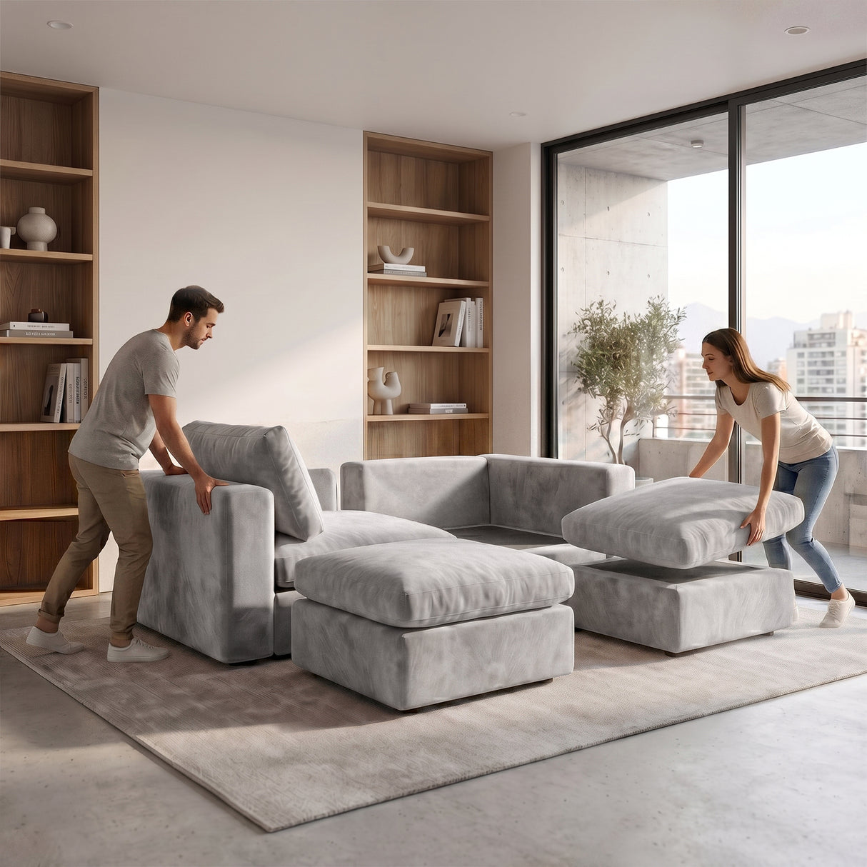 Sofá Modular 2 Cuerpos con 2 Poufs Conecta