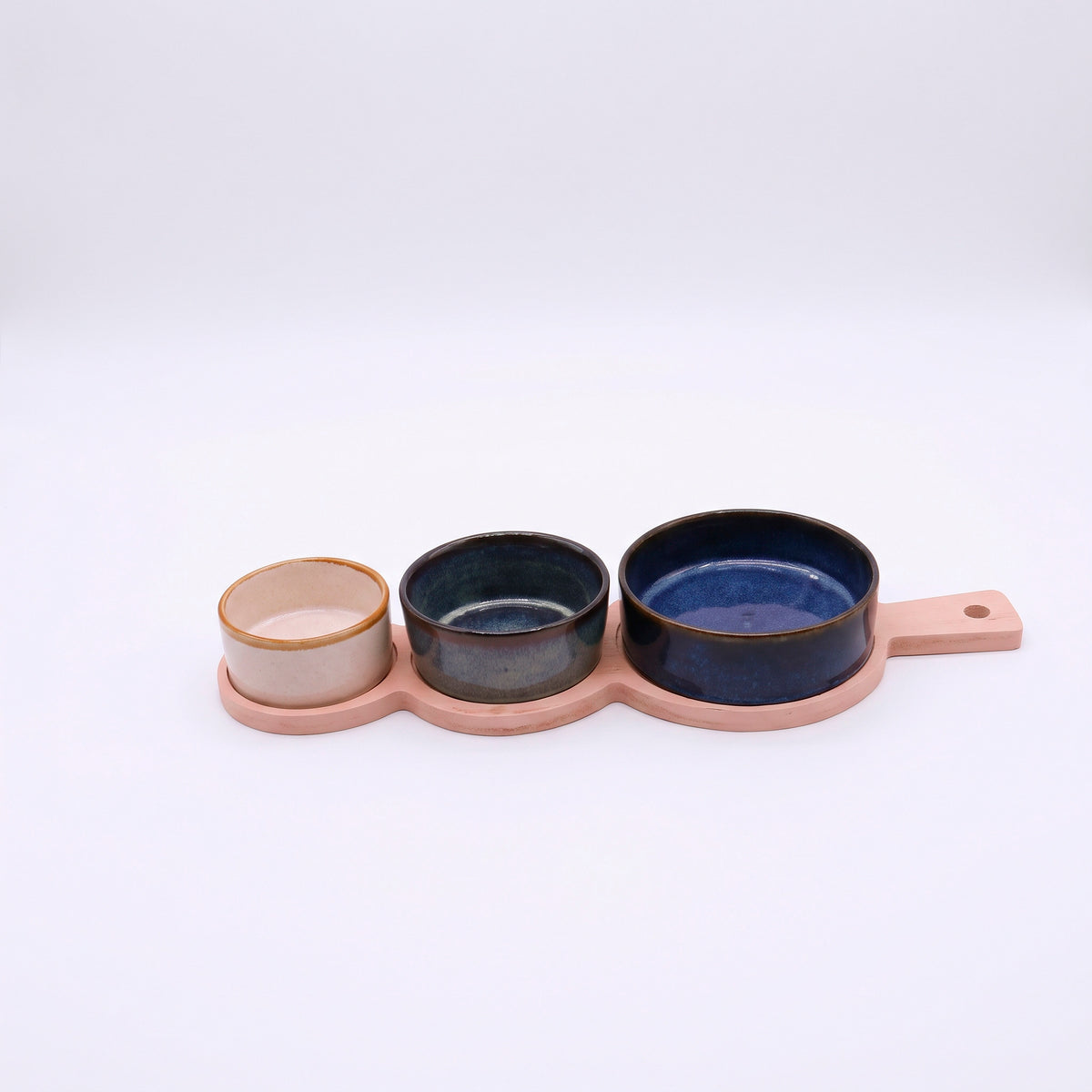 Set 3 bowls de cerámica y bandeja con asa