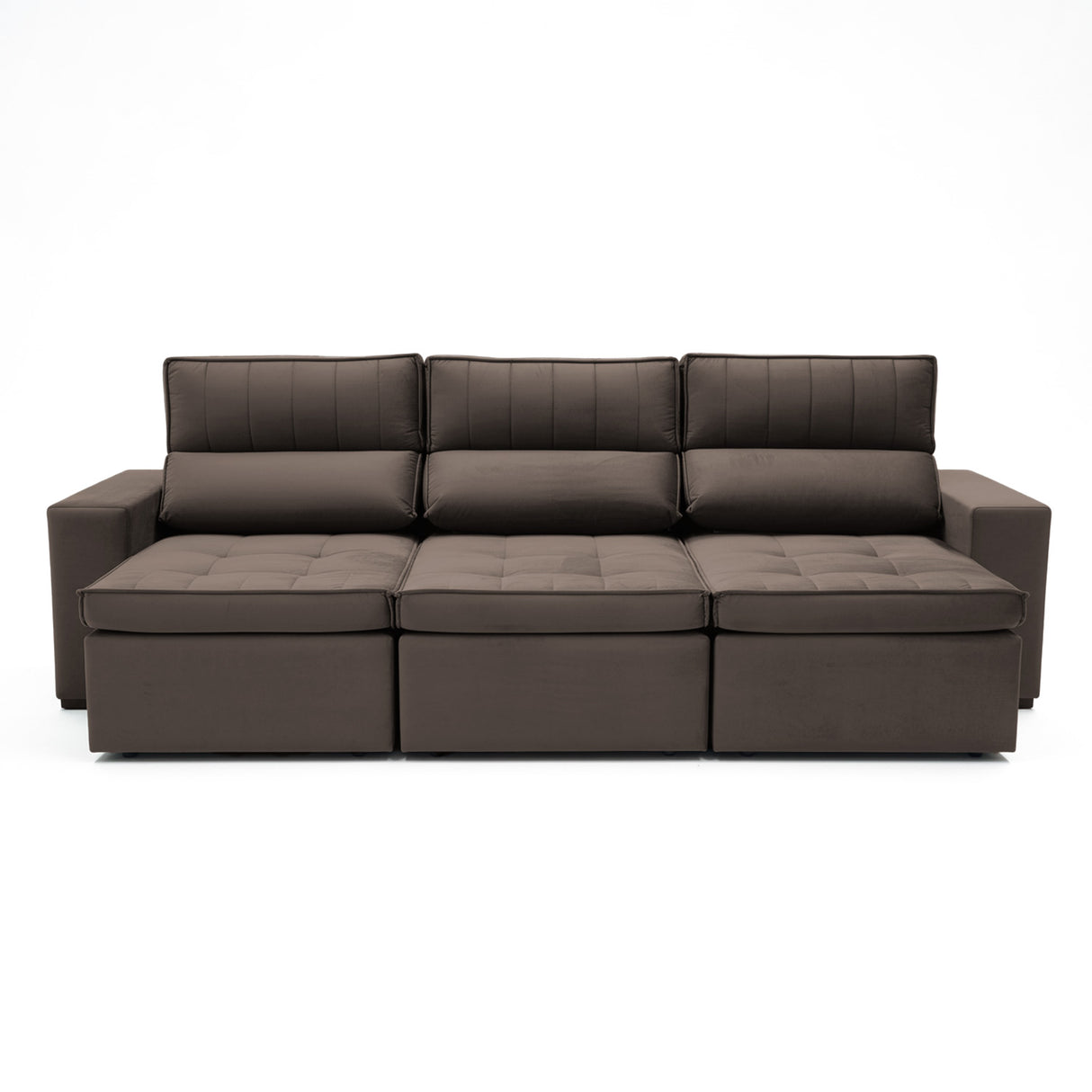 Sofá extensible de 3 cuerpos con tela de tercipelo color café oscuro