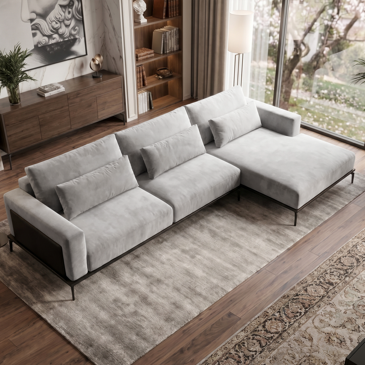Sofá seccional 3 cuerpos Desser con chaise Longue derecho Tela Gris Oscuro - 2.78m