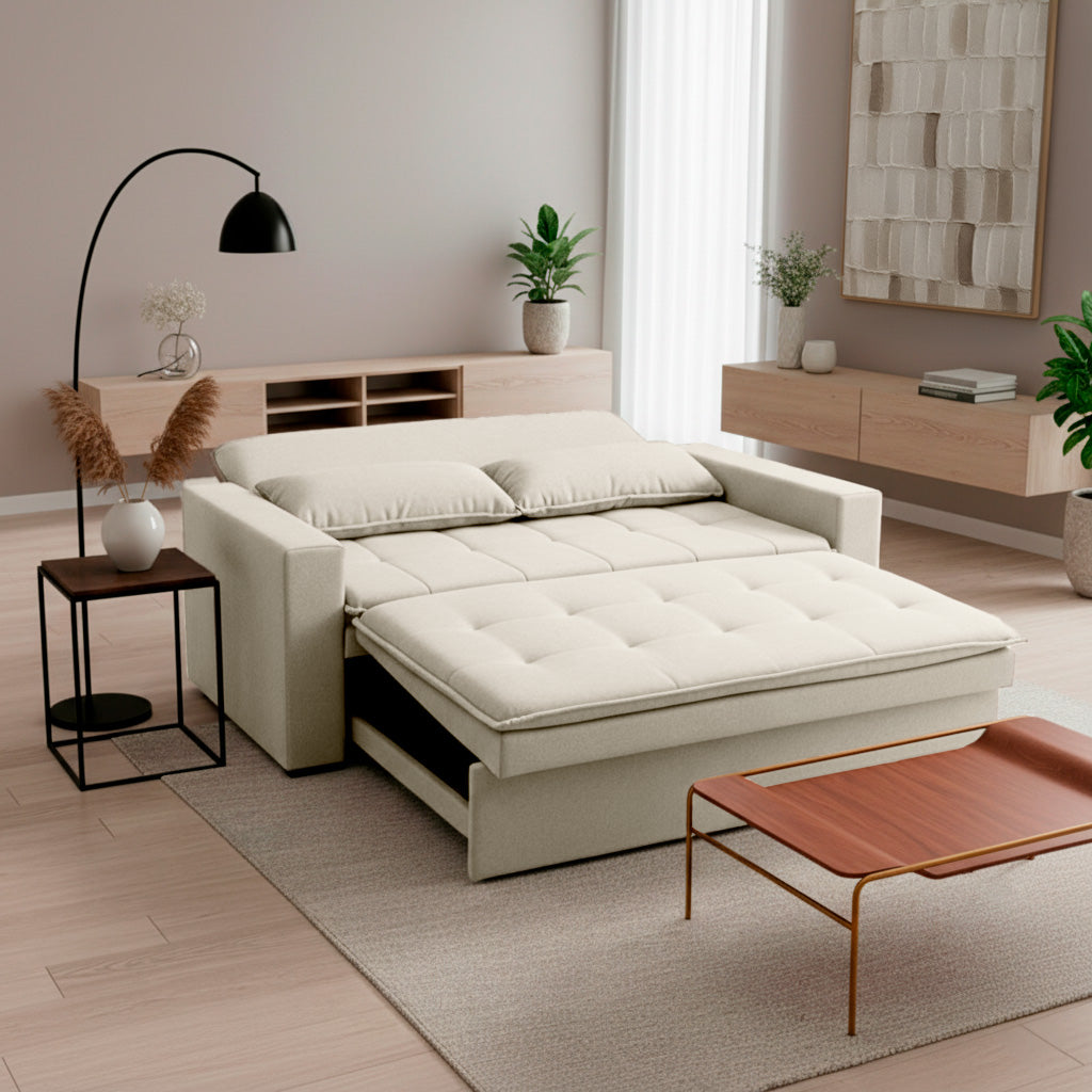 Sofá cama 2 cuerpos Londres con tela chenilla color beige claro