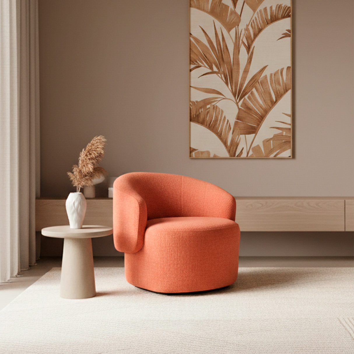 Poltrona giratoria color rojo salmón de tejido grueso