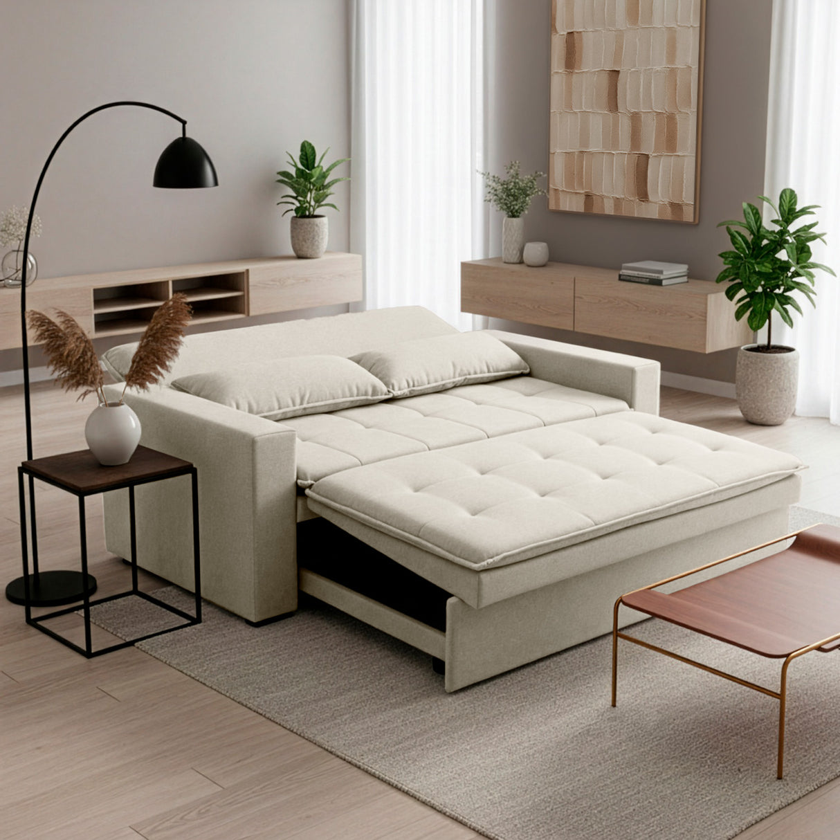 Sofá cama 2 cuerpos Londres con tela chenilla color beige claro