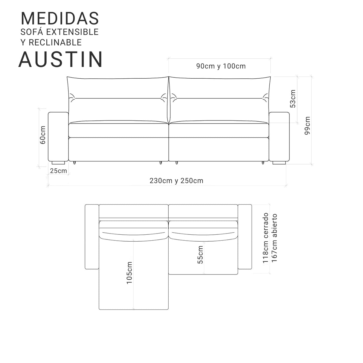 medidas del sofá extensible de 2 cuerpos color gris