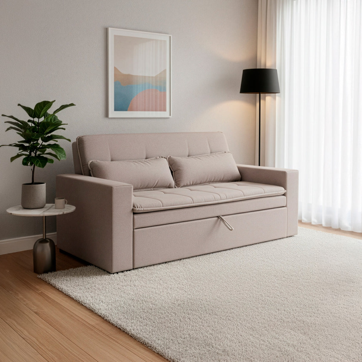 Sofá cama 2 cuerpos Londres con tela chenilla color café claro