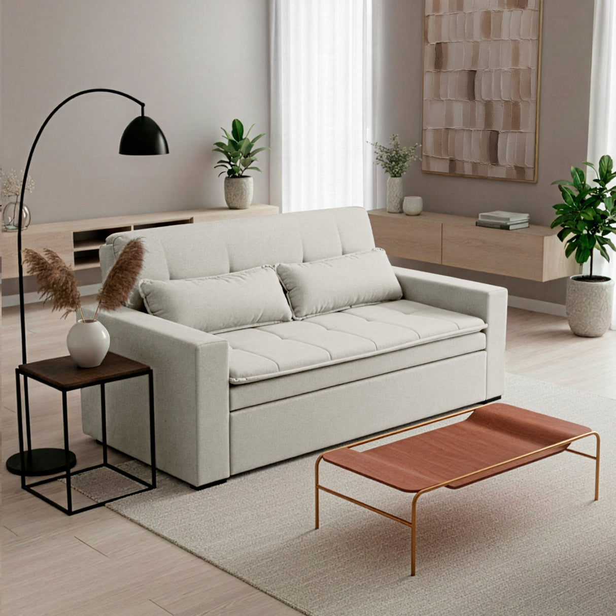 Sofá cama 2 cuerpos Londres con tela chenilla color beige claro