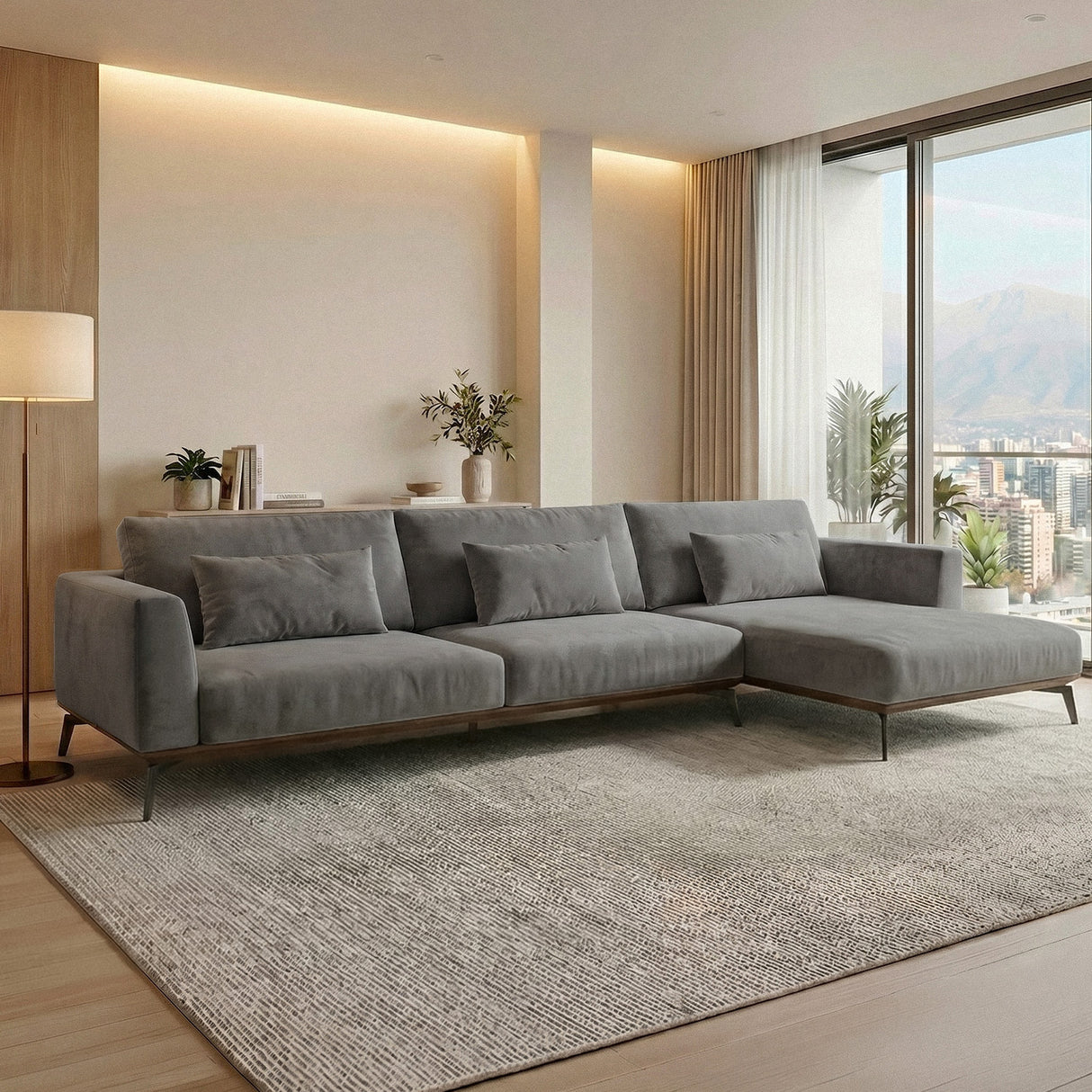 Sofá Seccional 3 Cuerpos Palace con Chaise Longue Derecho Tela Gris Oscuro - 2.76m a Confección
