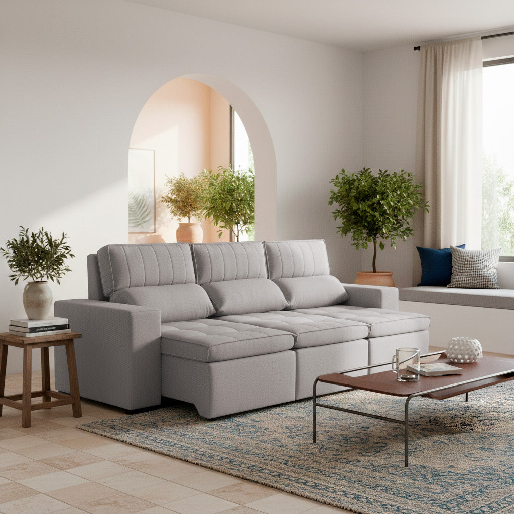 Sofá extensible y reclinable de 3 cuerpos tela chenille color café