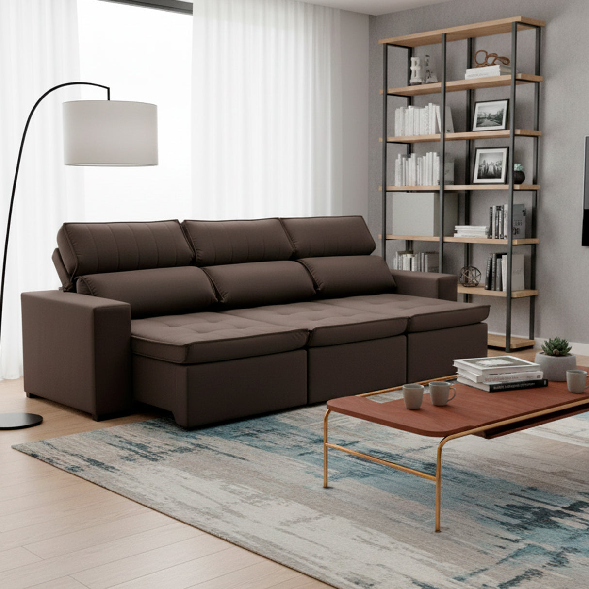 Sofá extensible de 3 cuerpos con tela de tercipelo color café oscuro