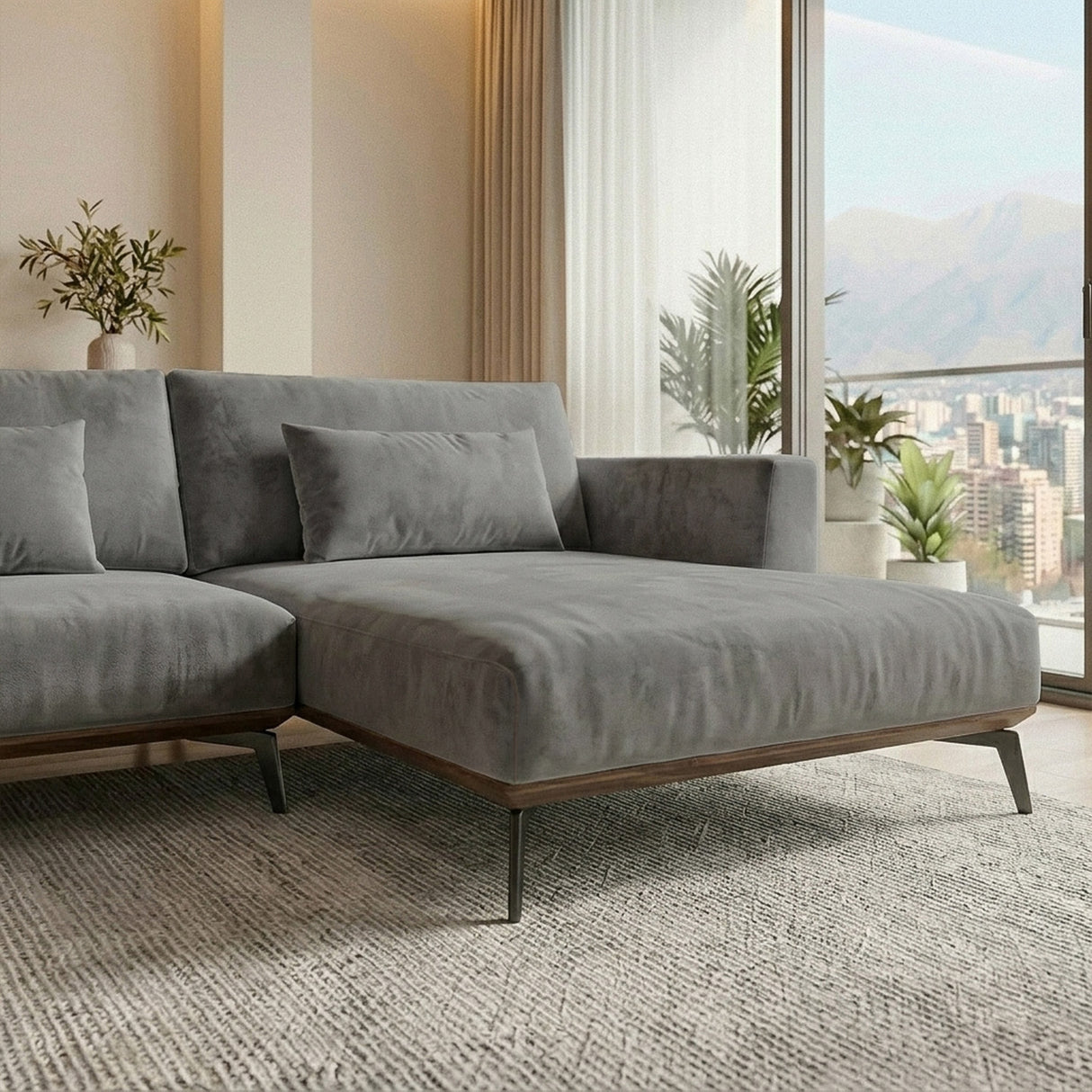 Sofá Seccional 3 Cuerpos Palace con Chaise Longue Derecho Tela Gris Oscuro - 2.76m a Confección