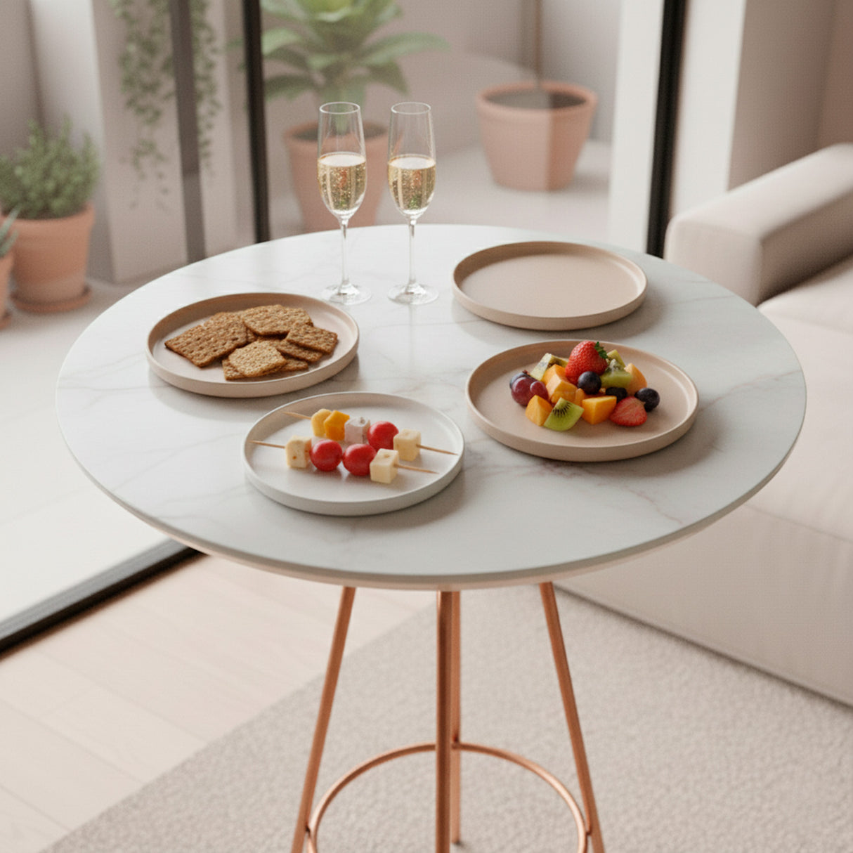 Mesa alta para terraza cubierta de mármol y detalles en dorado.