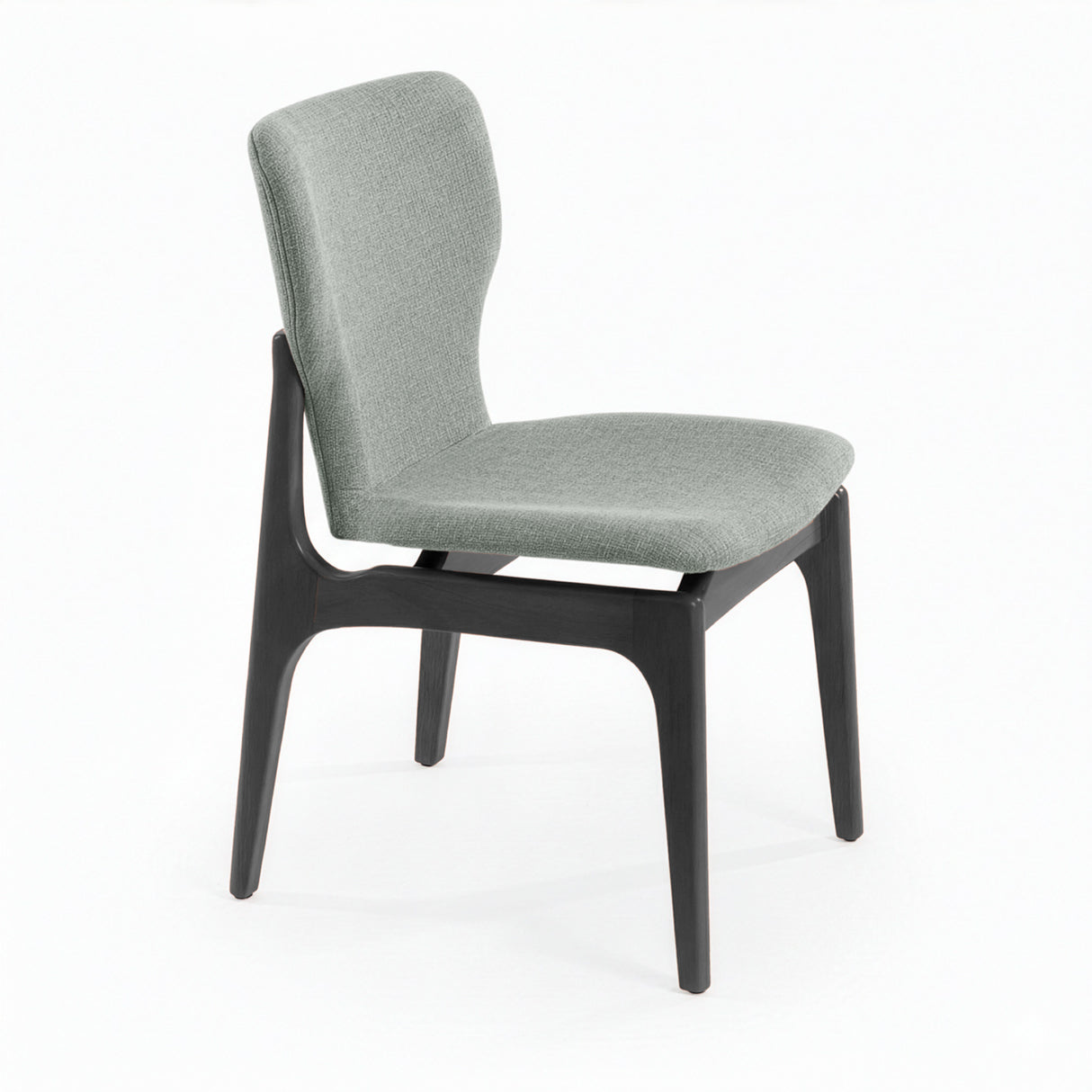 Silla de madera con asiento y respaldo acolchado ergonómico color gris oscuro.