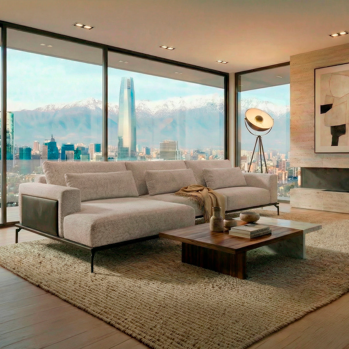 Sofá con chaise longue de tres cuerpos.