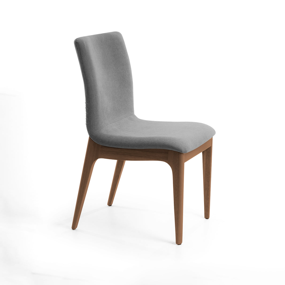 Silla acolchada con patas de madera en color gris oscuro.
