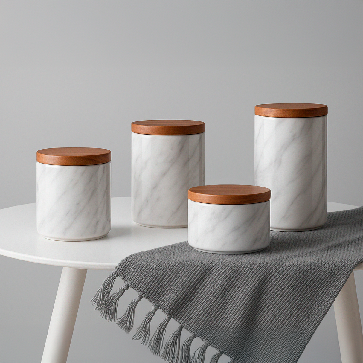 Set de 4 Frascos Mármol + Bandeja Negra Kelida Porcelana