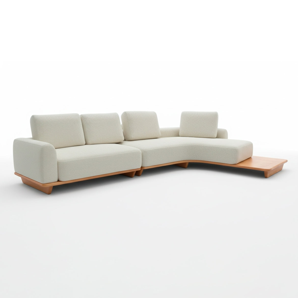 Sofá de dos cuerpos con pouf del lado derecho y mesa de madera