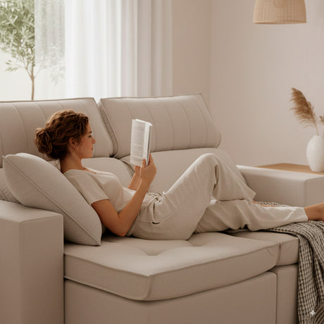 Imagen de persona leyendo general del sofá extensible y reclinable toquio de 2 cuerpos